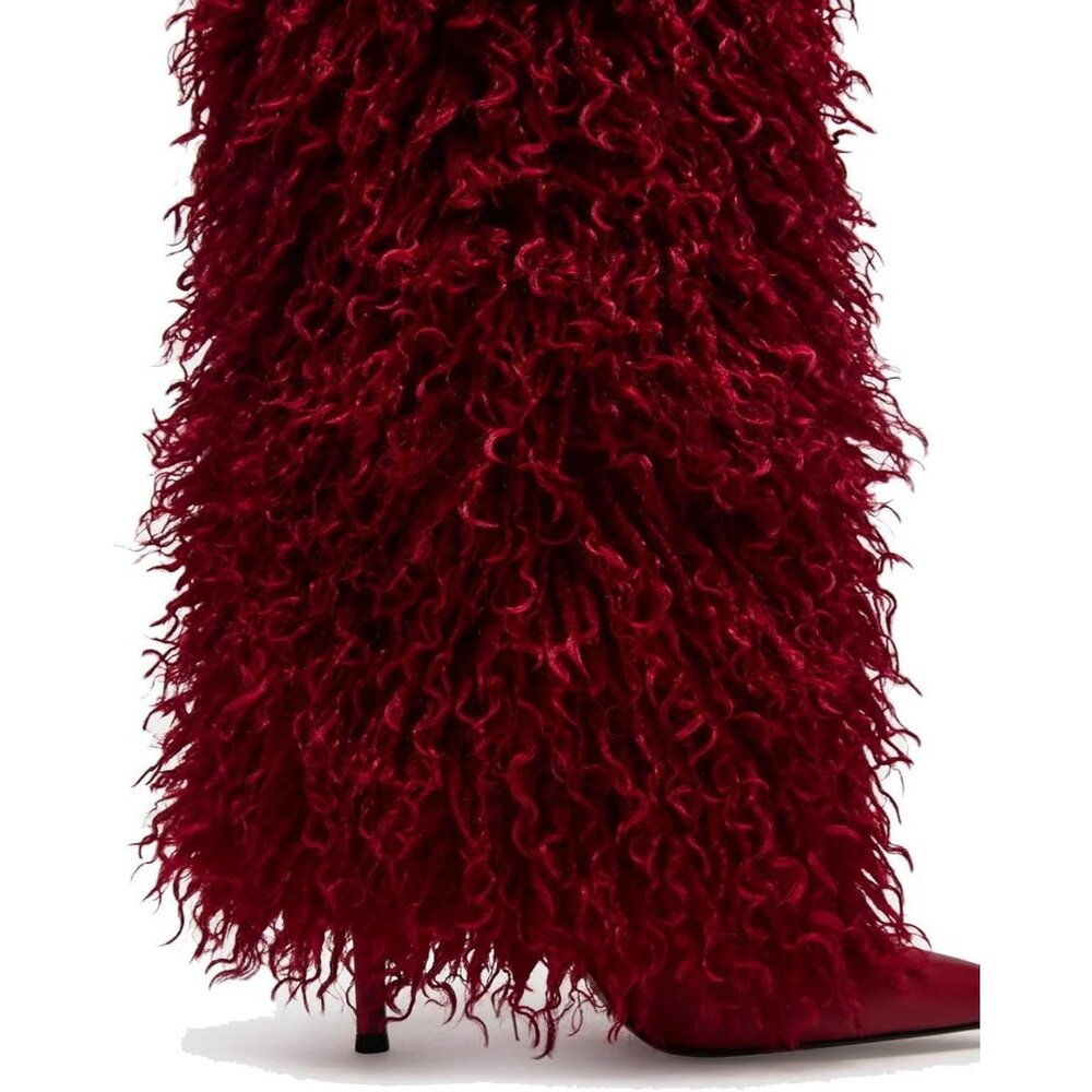 Women's Fur Red Pointed Toe Fold Over Wide Calf Knee High Heel Boots - Picture 7 of 7